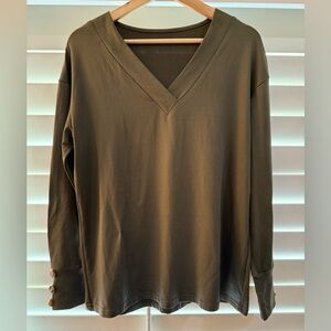 Olive Green V-Neck Long Sleeve Top